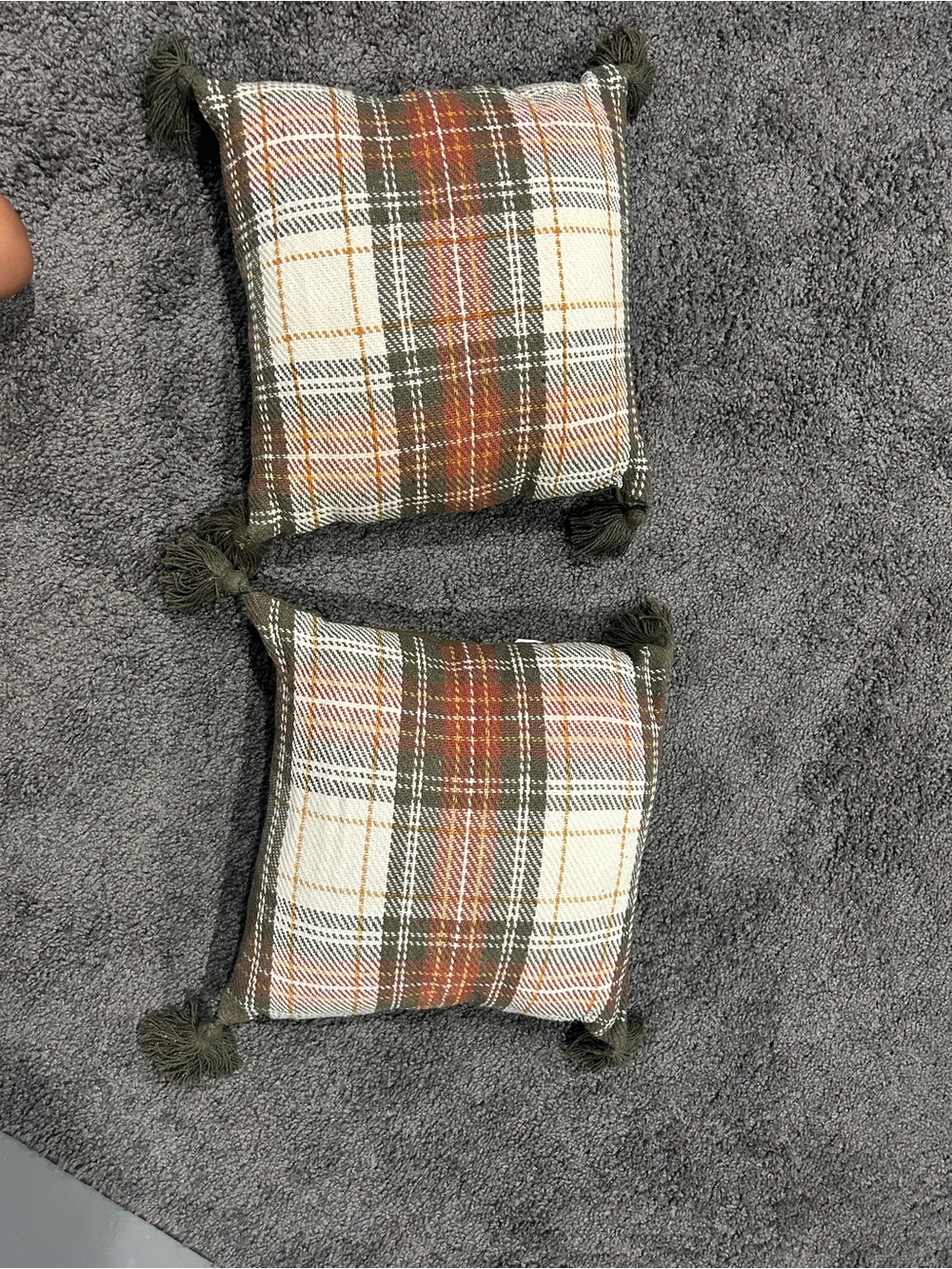 Outdoor Fall Plaid Tassel Accent Pillow - Olive Green and Rust x2